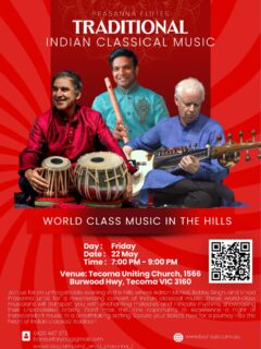 WORLD CLASS MUSIC IN THE HILLS 

Join us for an unforgettable evening in the hills featuring renowned musicians Adrian McNeil, Bobby Singh, and Vinod Prasanna in a captivating concert of Indian classical music. Experience the enchanting melodies and intricate rhythms that these world-class artists will bring to life. 

 

Bobby Singh, an ARIA Award-winning tabla player from Coffs Harbour, is celebrated for his versatility and skill. Vinod Prasanna, an award-winning bansuri player based in Melbourne, will showcase his exceptional talent, complemented by the masterful Sarod playing of Adrian McNeil.

 

Don’t miss this rare opportunity to immerse yourself in the heart of Indian classical tradition. Secure your tickets now and join us for this remarkable musical journey. All booking links and additional information are provided below. We look forward to seeing you there!

 

https://www.trybooking.com/DKSMF