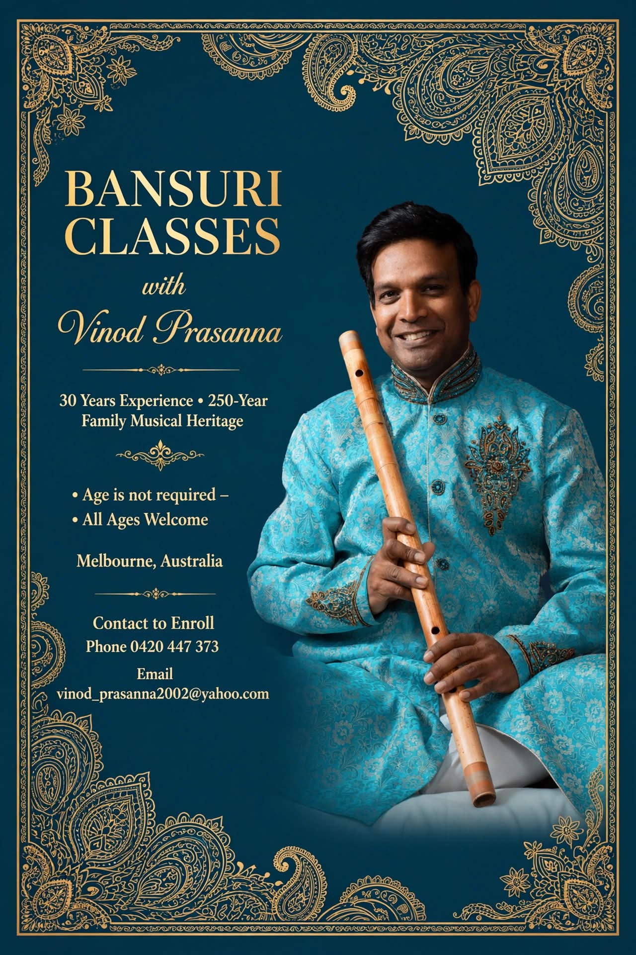 Hello everyone,

I am excited to offer Bansuri and meditation classes that combine the beauty of music with the transformative power of meditation. My approach fosters relaxation, happiness, and a deeper connection to oneself while learning to play enchanting melodies.

I offer both group and individual lessons, suitable for all skill levels—no prior musical experience is necessary. Each session begins with a meditation followed by Bansuri instruction, creating a holistic learning environment.

With 25 years of teaching experience, I welcome students of all ages, including children. If you are interested or have any questions, please feel free to email me or send a message. I look forward to guiding you on this musical journey.

Thank you, 

Vinod Prasanna 🪈🎶🙏🏾🪷